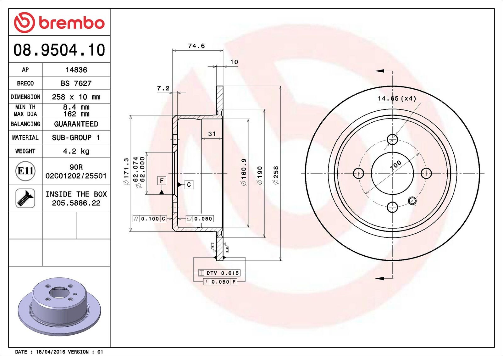 BREMBO 08.9504.10 - Bremsscheibe