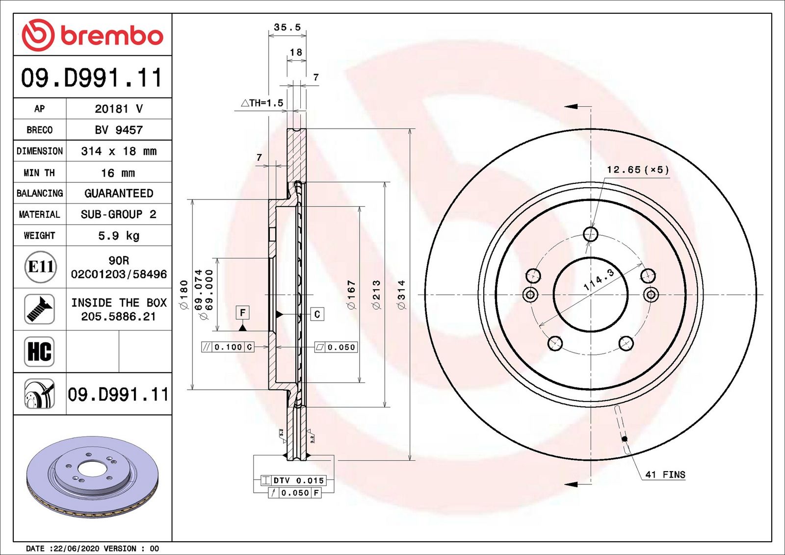 BREMBO 09.D991.11 - Bremsscheibe