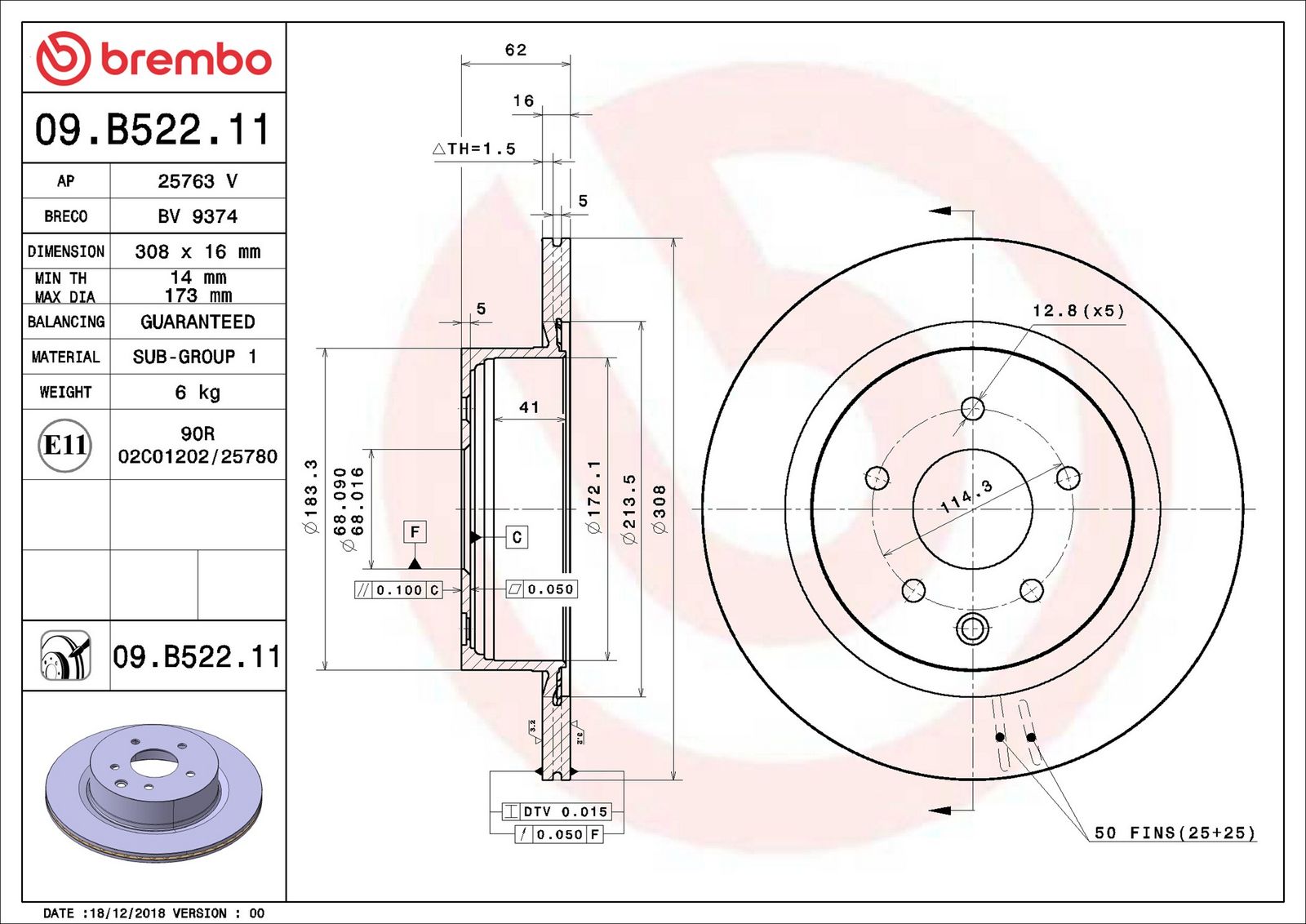 BREMBO 09.B522.11 - Bremsscheibe