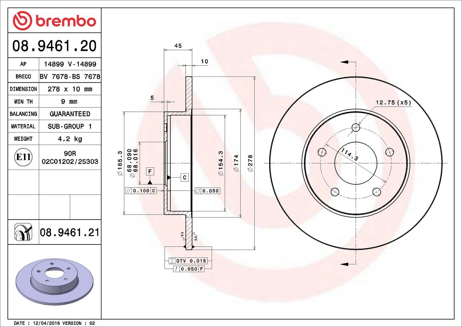BREMBO 08.9461.21 - Bremsscheibe
