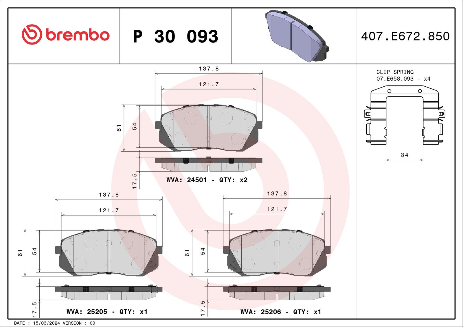 BREMBO P 30 093 - Bremsbelagsatz, Scheibenbremse