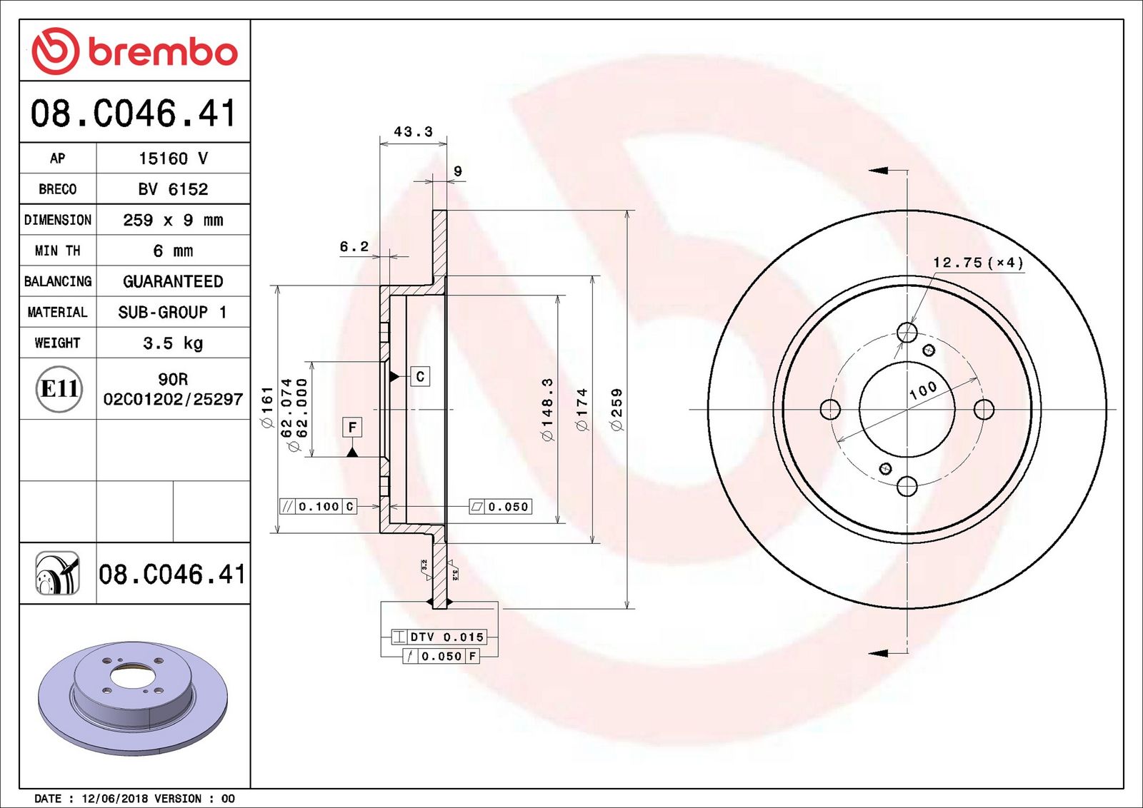 BREMBO 08.C046.41 - Bremsscheibe