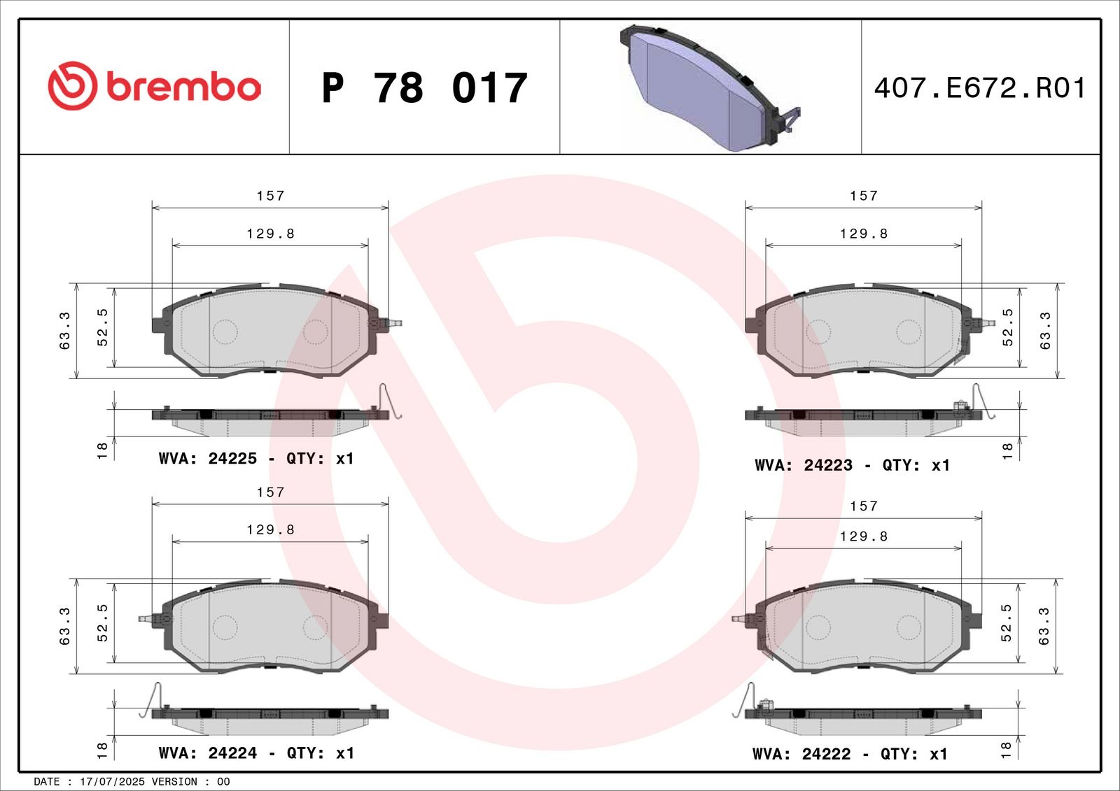 BREMBO P 78 017 - Bremsbelagsatz, Scheibenbremse