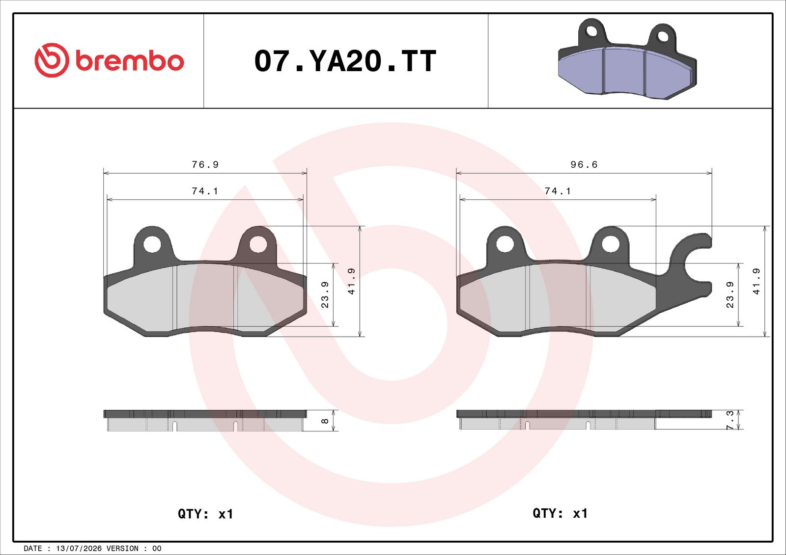 BREMBO 07YA20TT - Bremsbelagsatz, Scheibenbremse