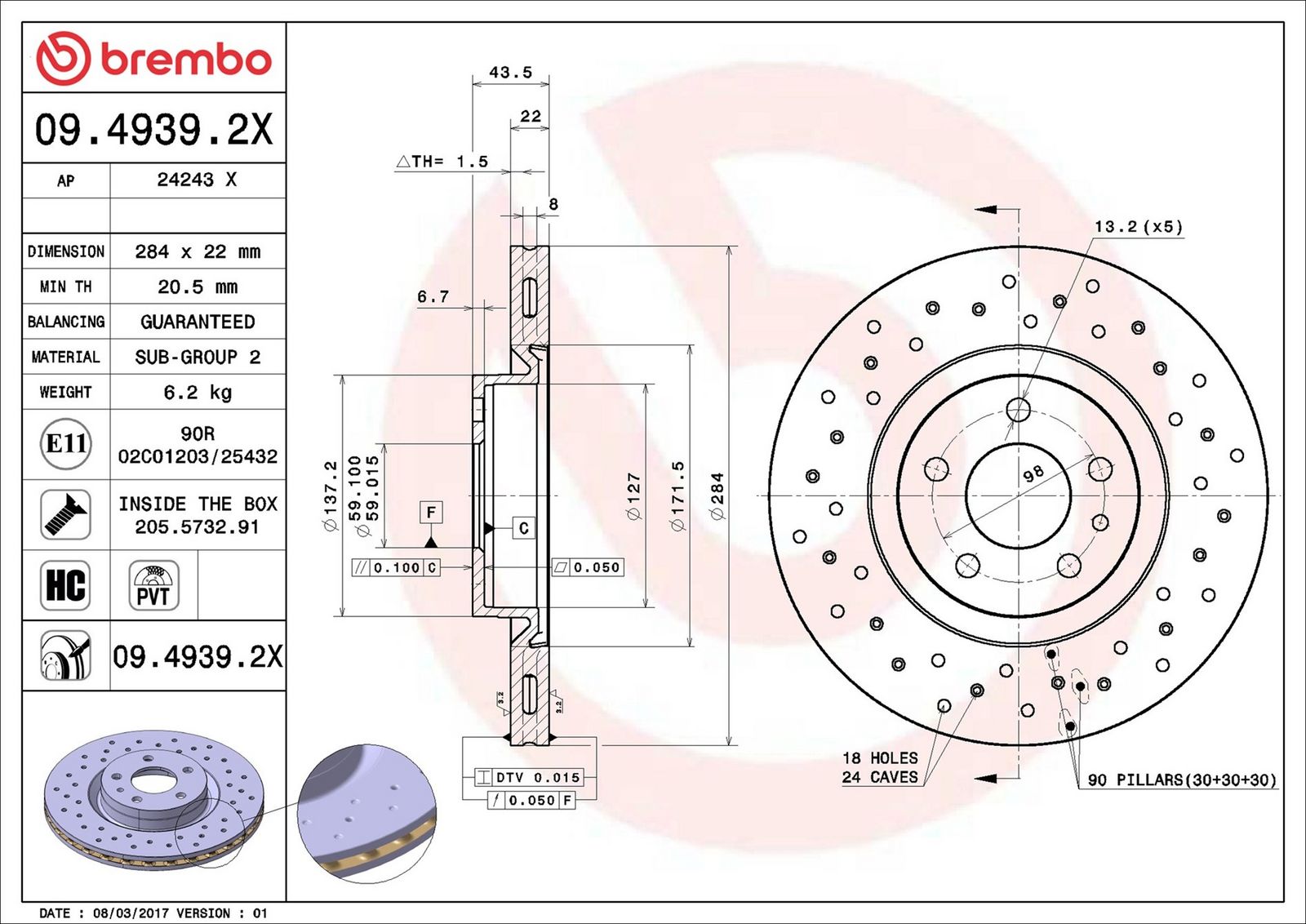 BREMBO 09.4939.2X - Bremsscheibe