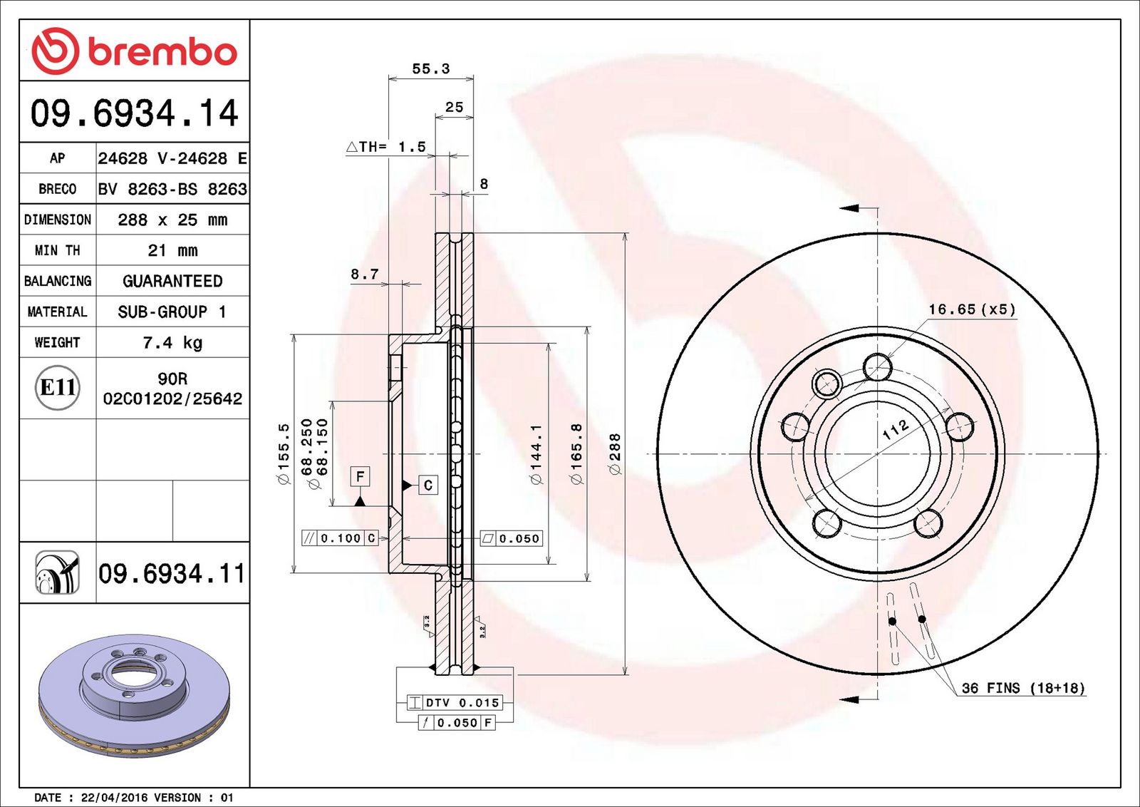 BREMBO 09.6934.11 - Bremsscheibe