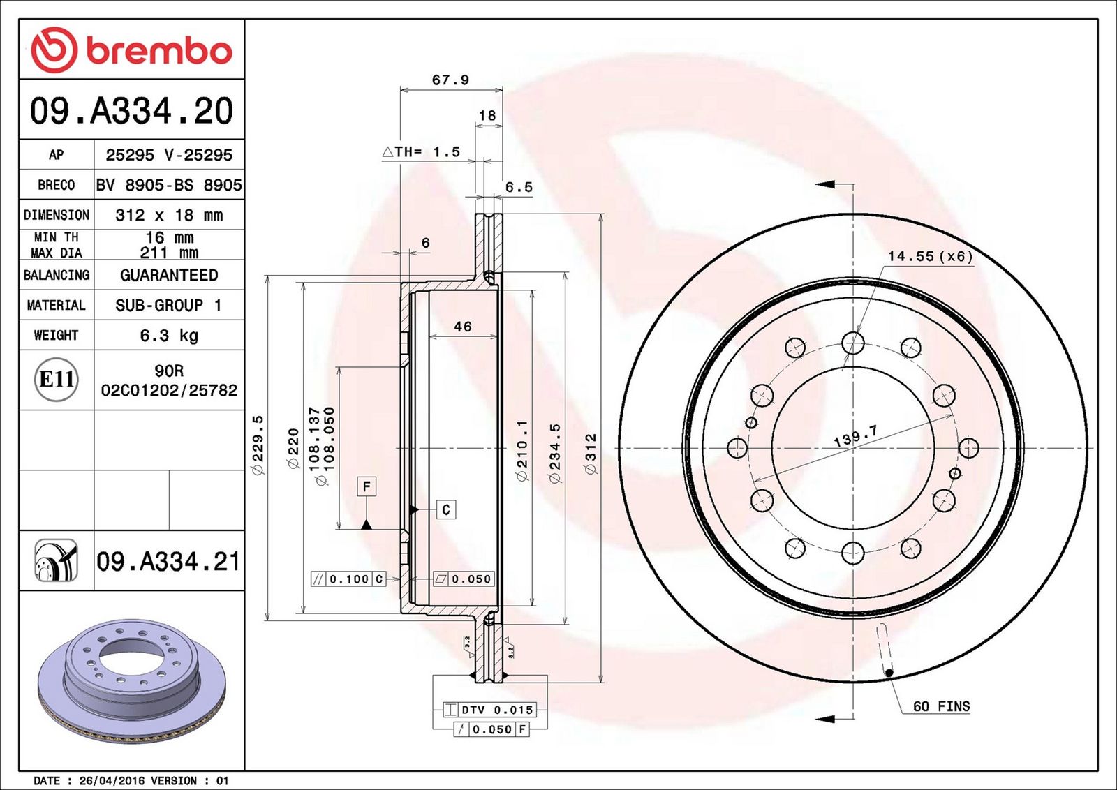 BREMBO 09.A334.21 - Bremsscheibe