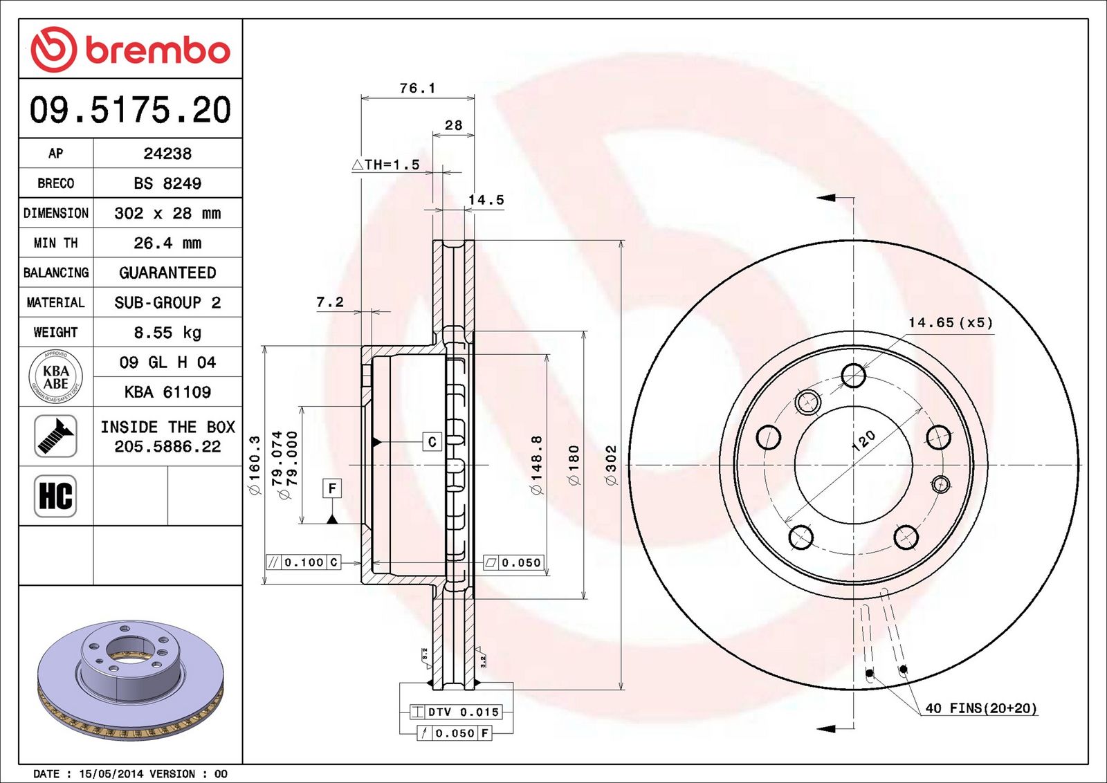 BREMBO 09.5175.20 - Bremsscheibe