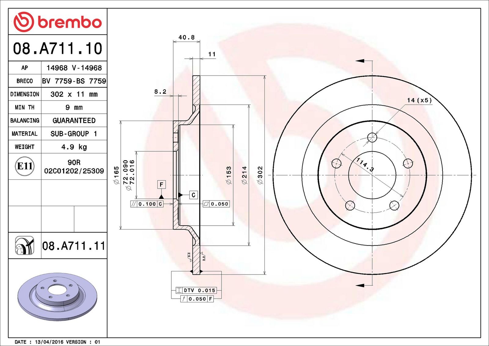 BREMBO 08.A711.11 - Bremsscheibe