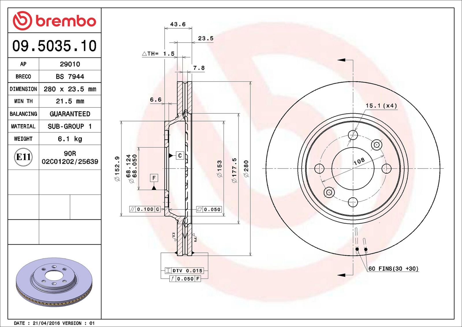 BREMBO 09.5035.10 - Bremsscheibe