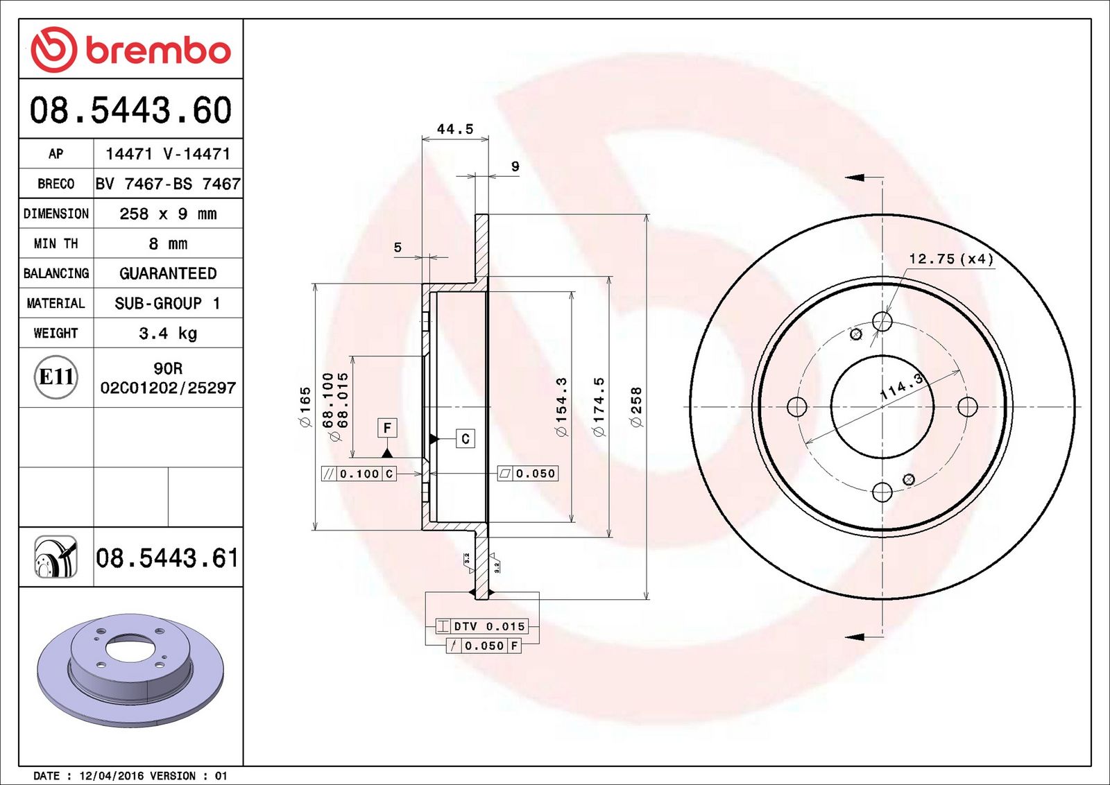 BREMBO 08.5443.60 - Bremsscheibe