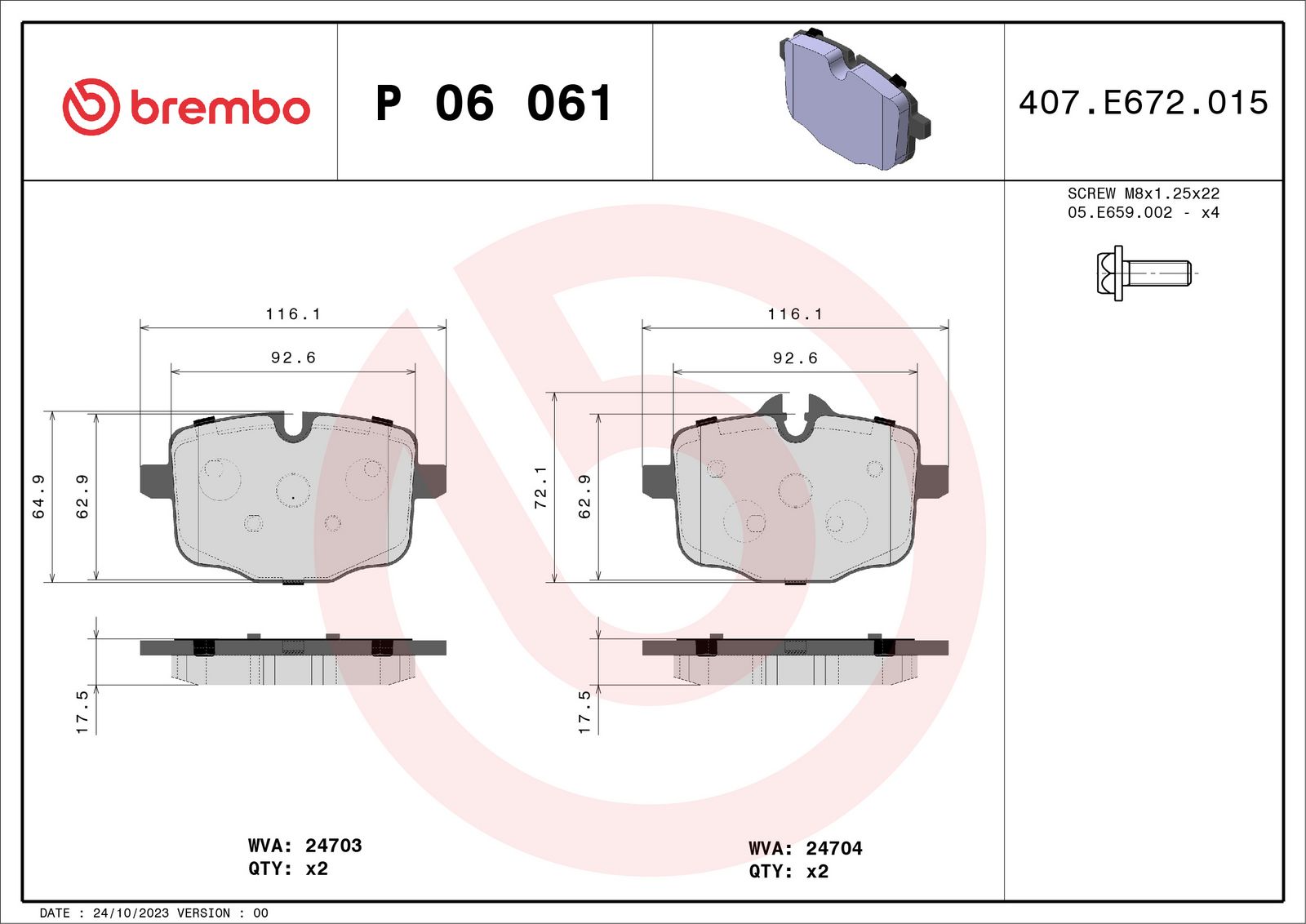 BREMBO P 06 061 - Bremsbelagsatz, Scheibenbremse