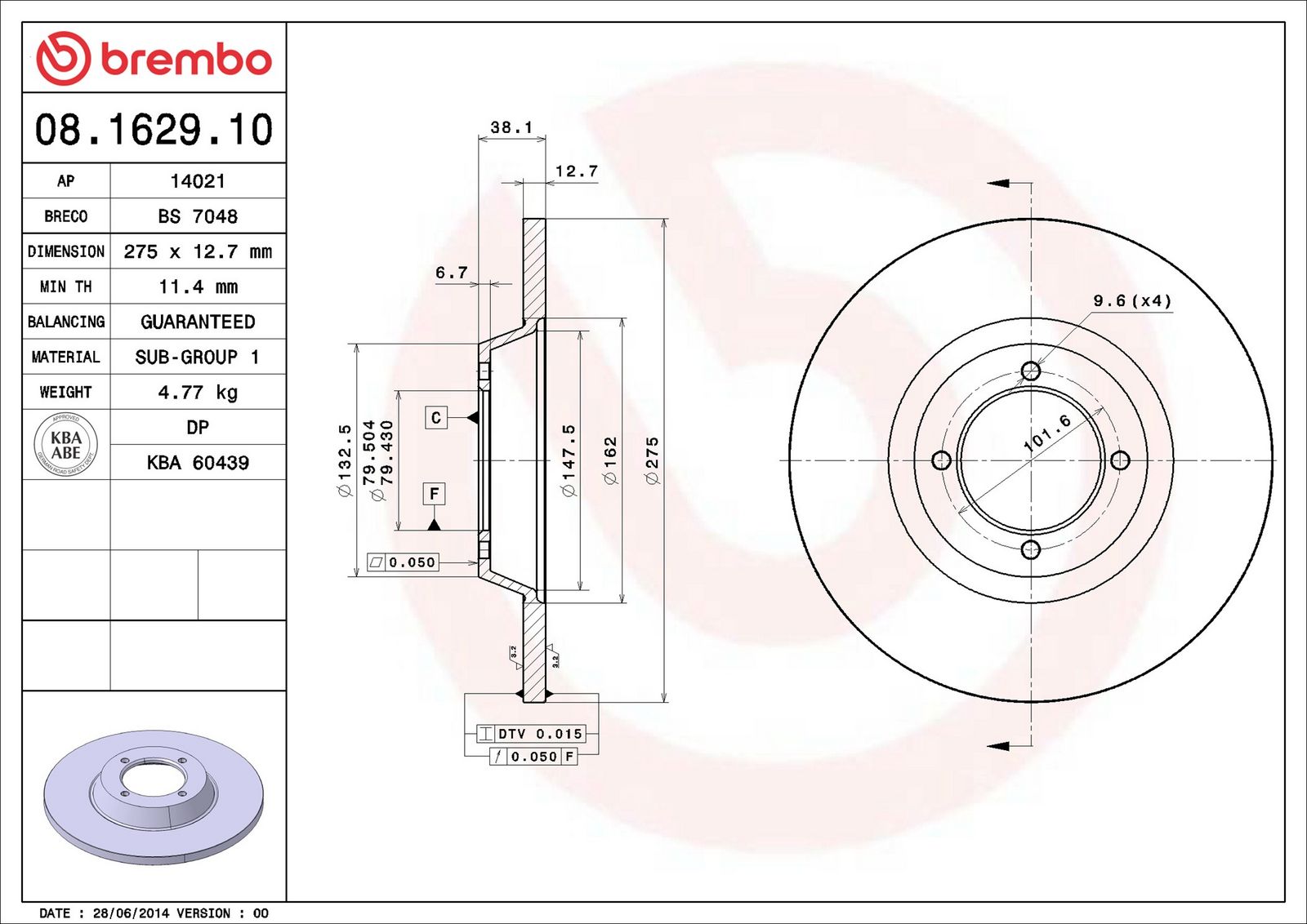BREMBO 08.1629.10 - Bremsscheibe