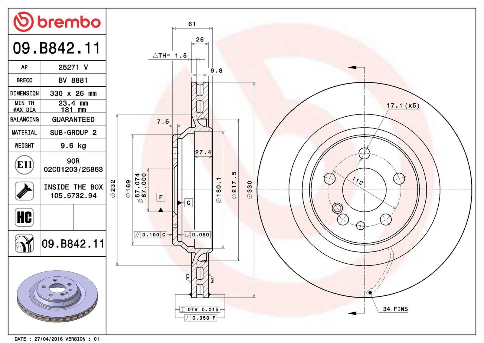 BREMBO 09.B842.11 - Bremsscheibe