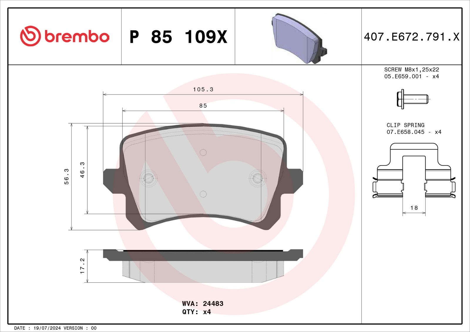 BREMBO P 85 109X - Bremsbelagsatz, Scheibenbremse