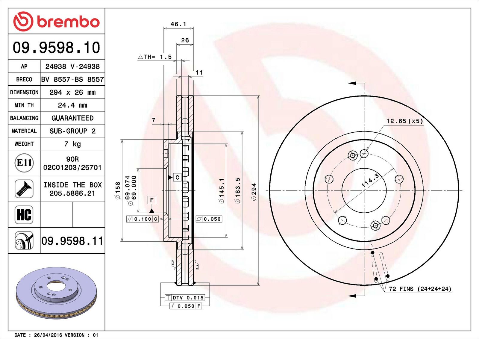 BREMBO 09.9598.11 - Bremsscheibe
