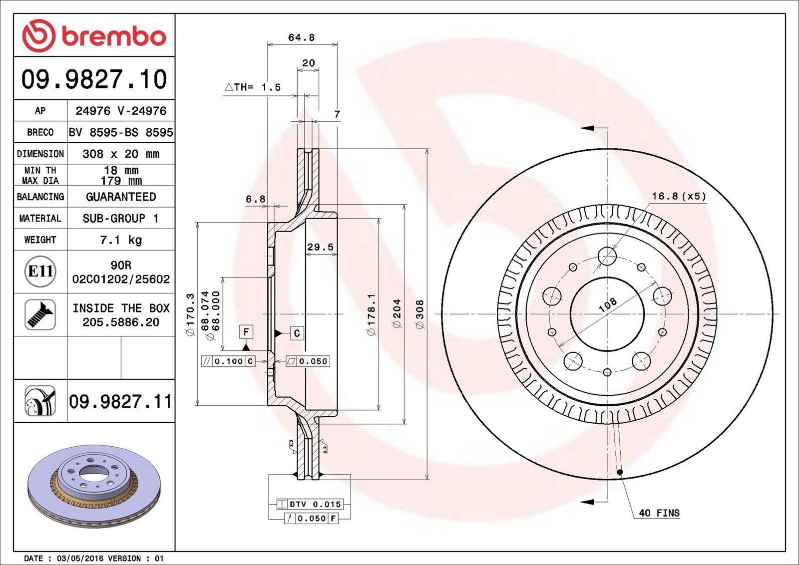 BREMBO 09.9827.11 - Bremsscheibe