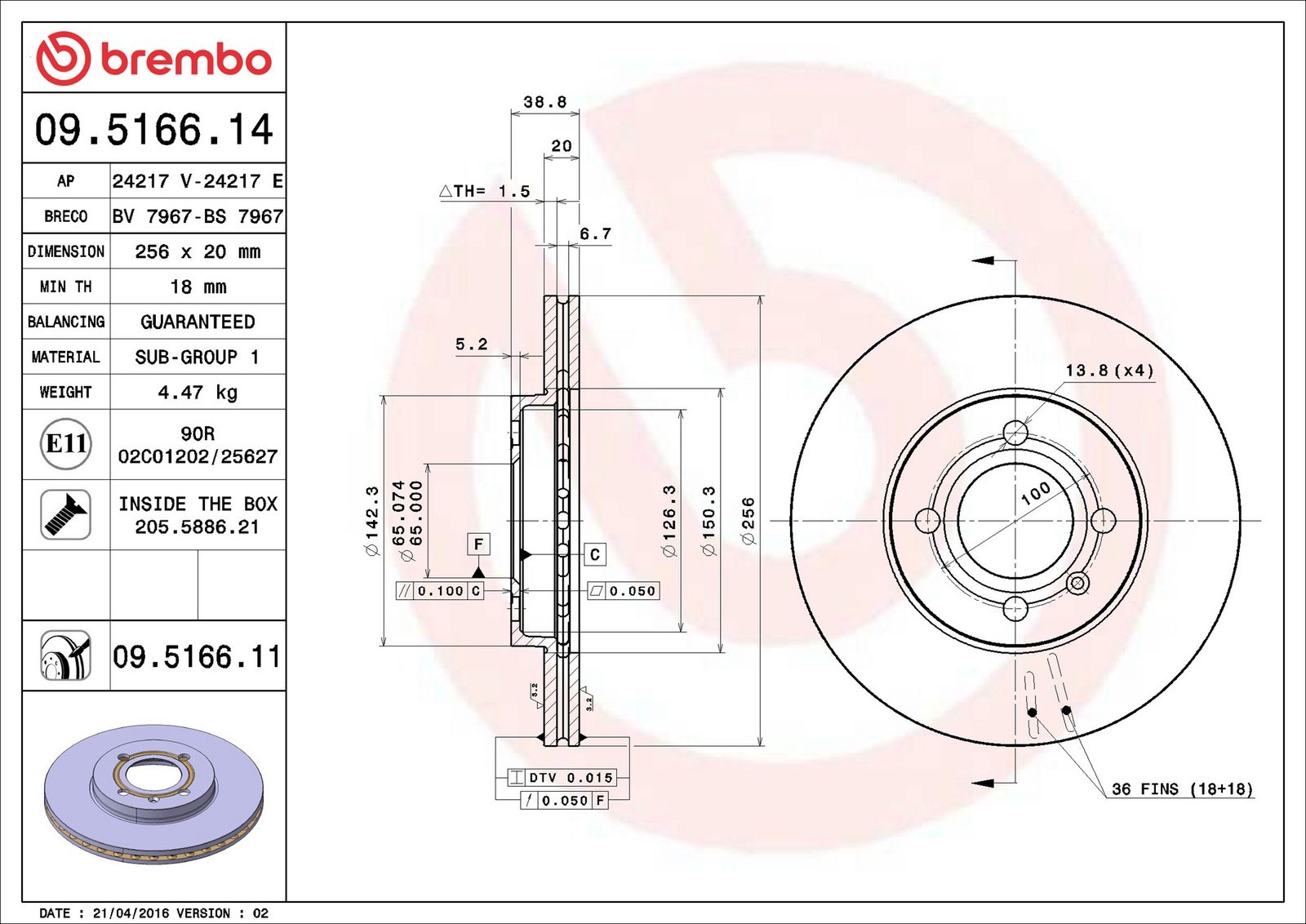 BREMBO 09.5166.11 - Bremsscheibe