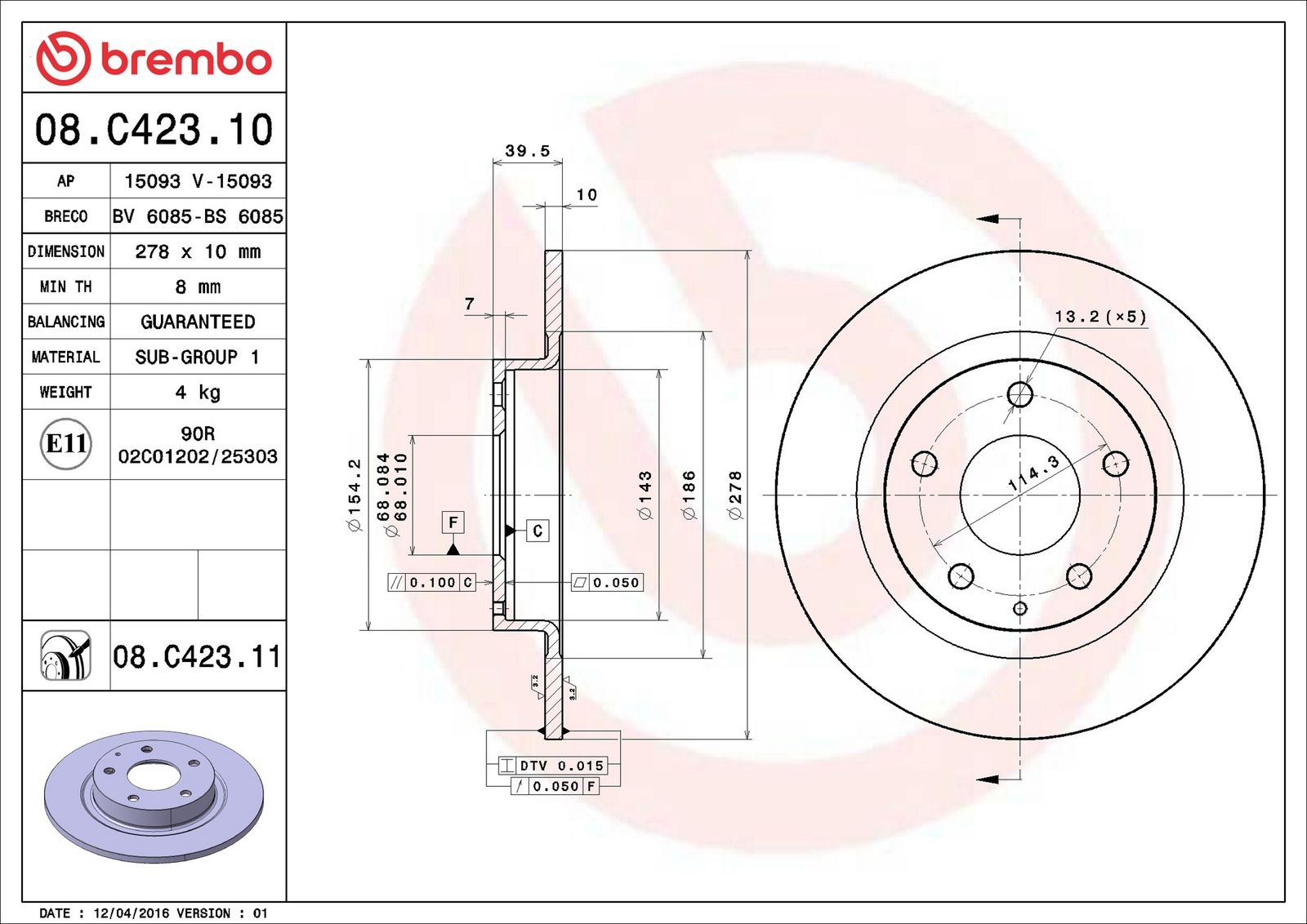 BREMBO 08.C423.11 - Bremsscheibe