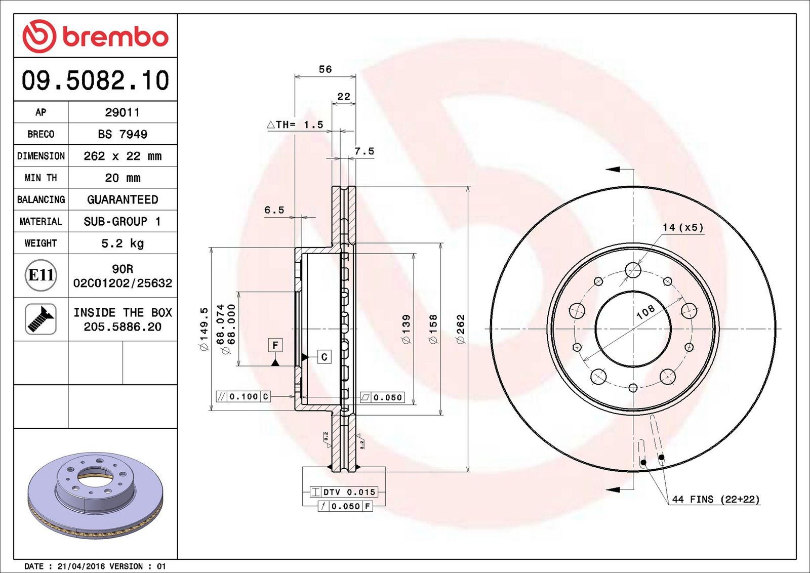BREMBO 09.5082.10 - Bremsscheibe