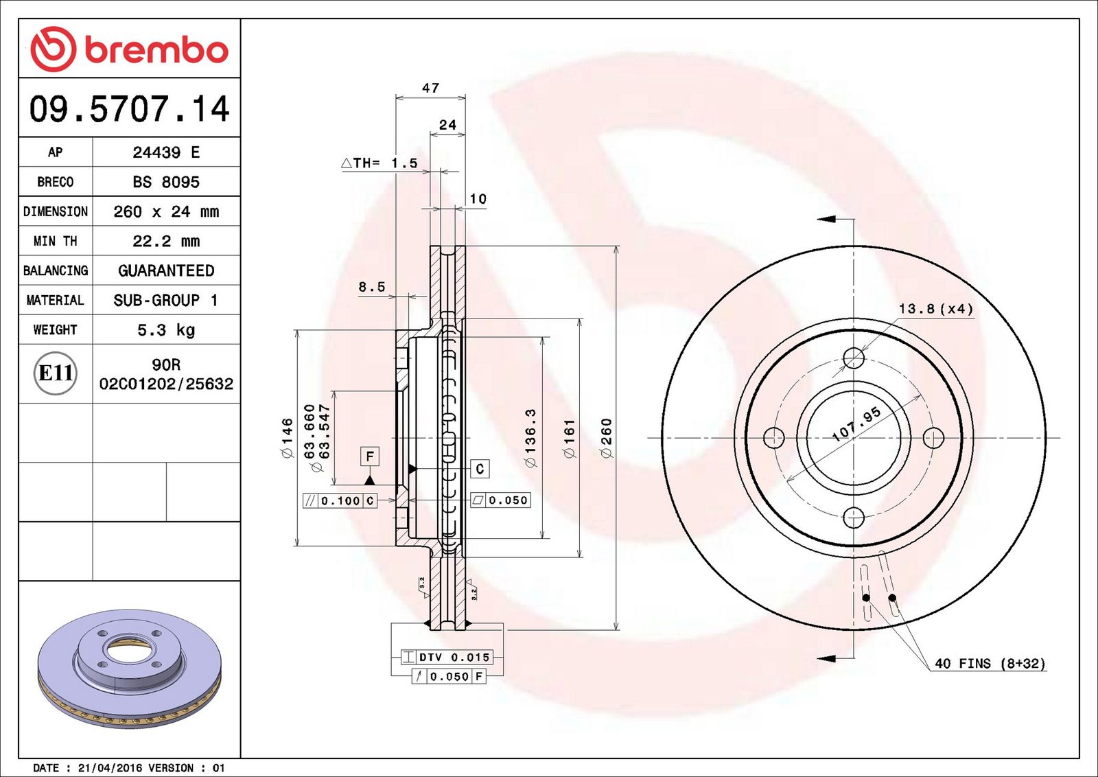 BREMBO 09.5707.14 - Bremsscheibe
