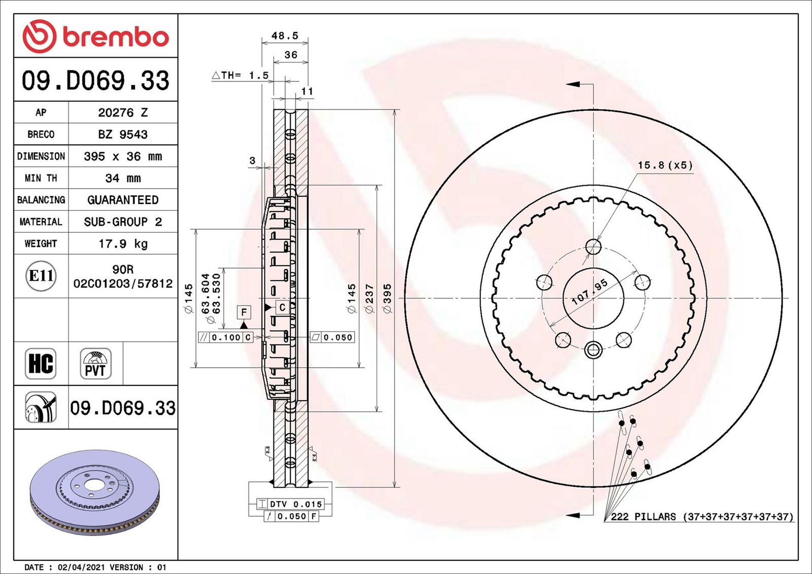 BREMBO 09.D069.33 - Bremsscheibe