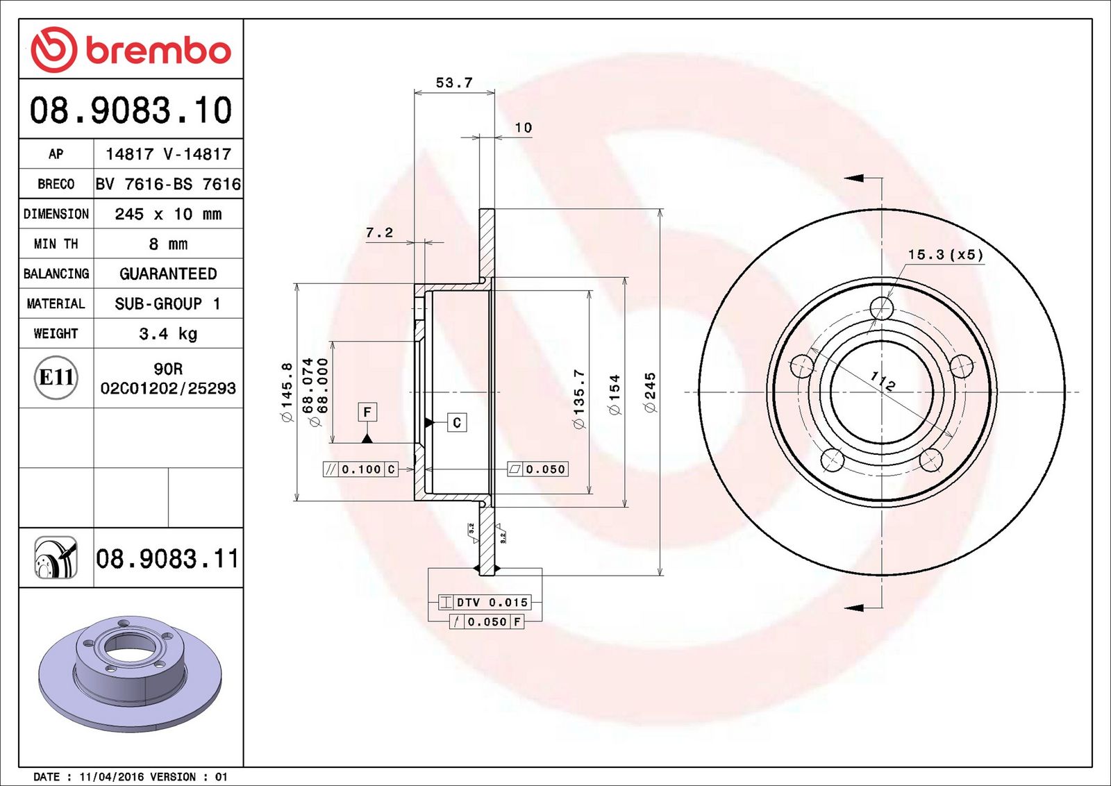 BREMBO 08.9083.11 - Bremsscheibe