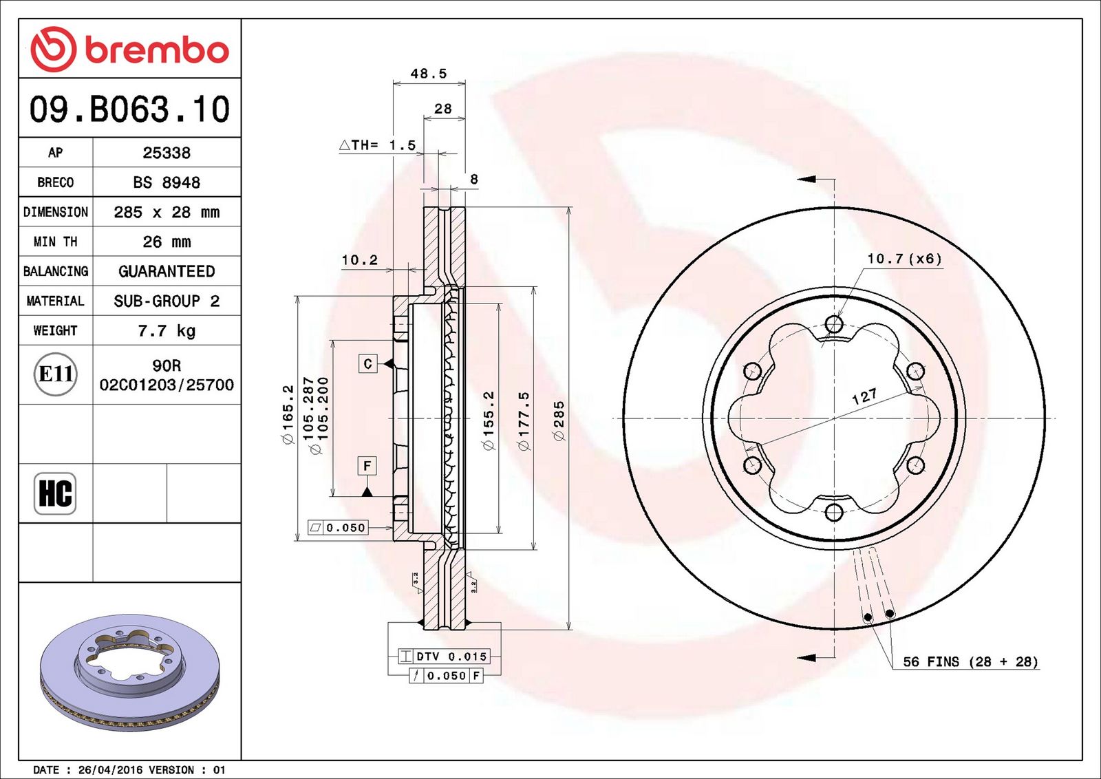 BREMBO 09.B063.10 - Bremsscheibe