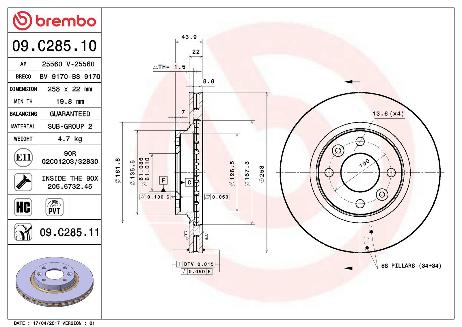 BREMBO 09.C285.11 - Bremsscheibe