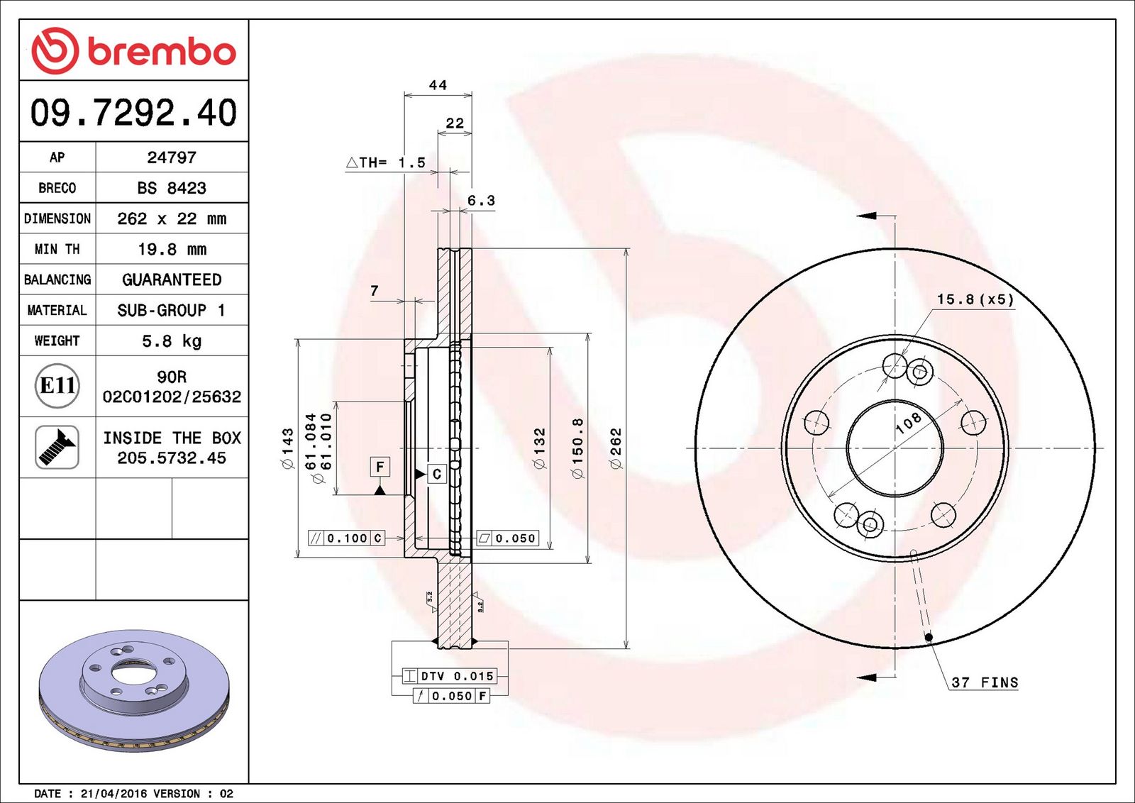 BREMBO 09.7292.40 - Bremsscheibe