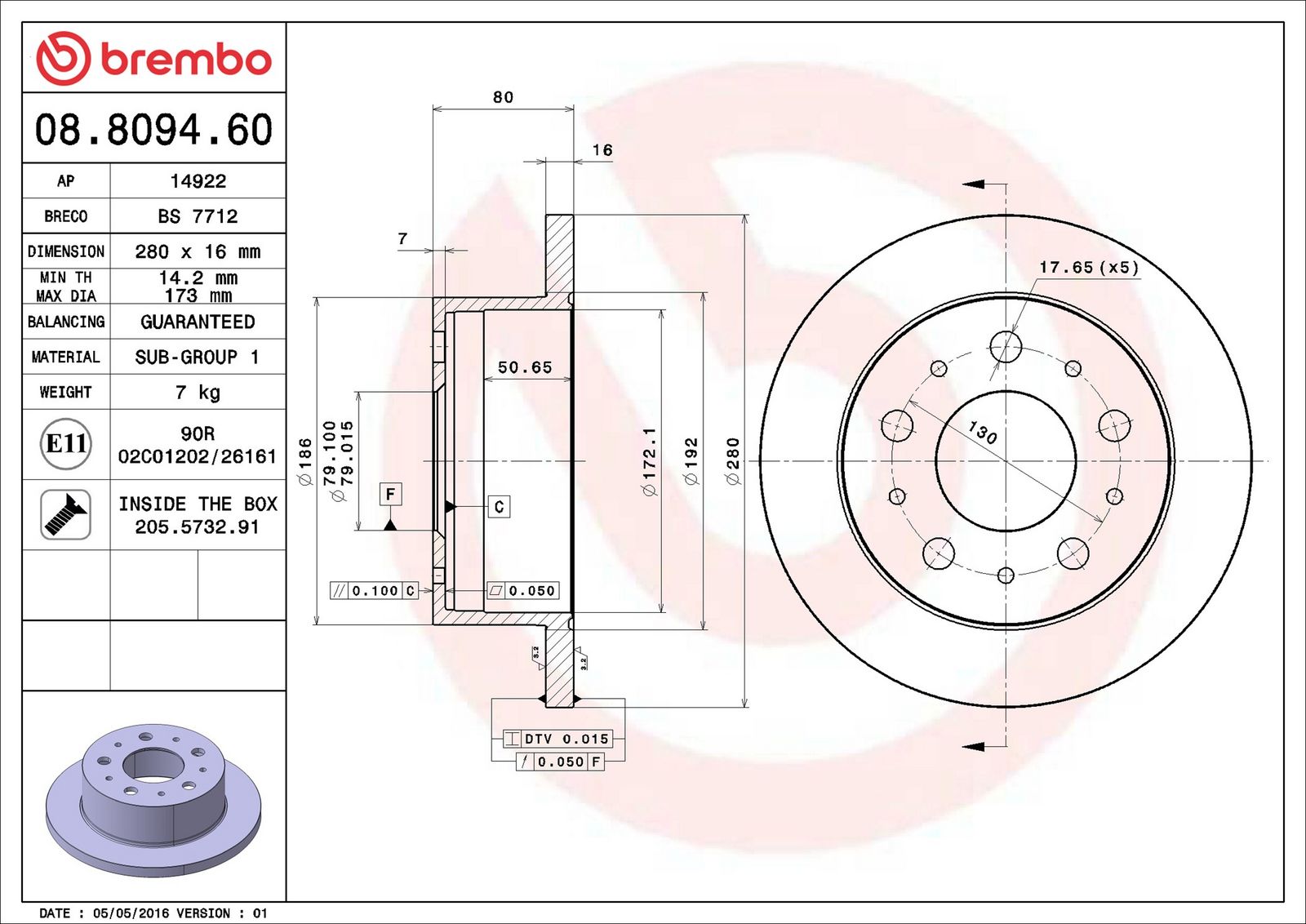 BREMBO 08.8094.60 - Bremsscheibe