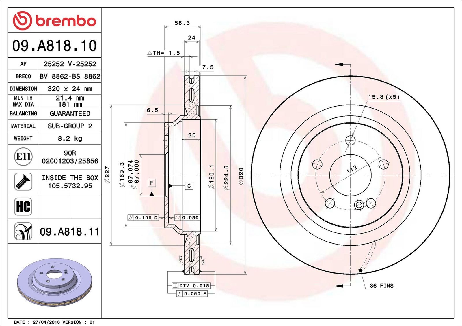 BREMBO 09.A818.11 - Bremsscheibe