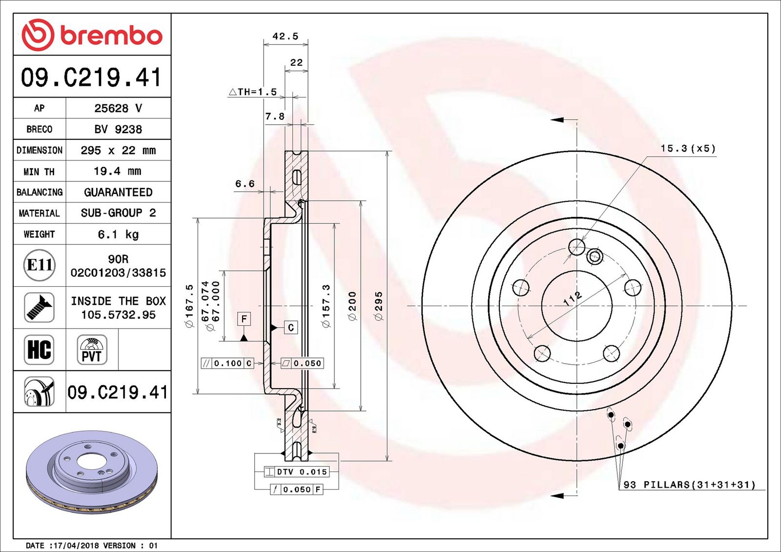 BREMBO 09.C219.41 - Bremsscheibe