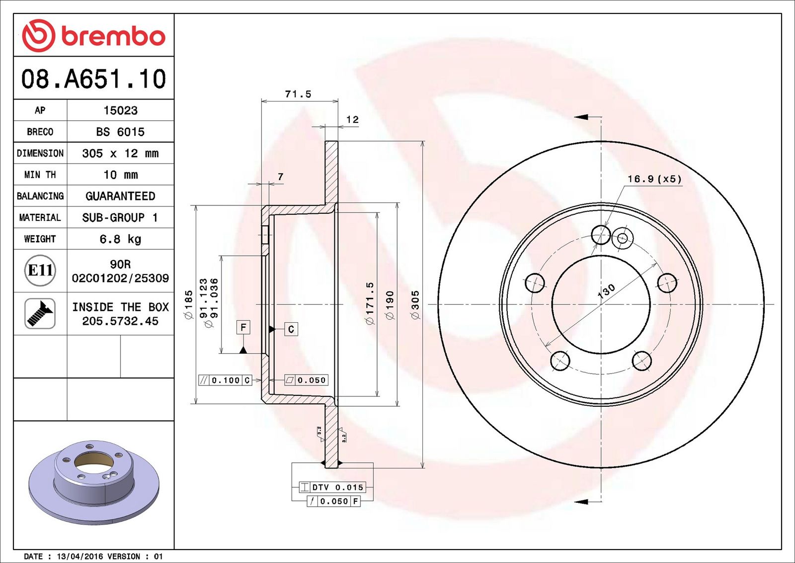BREMBO 08.A651.10 - Bremsscheibe
