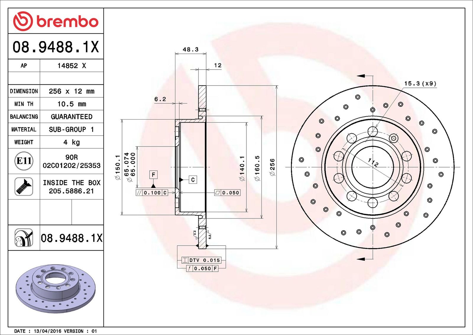 BREMBO 08.9488.1X - Bremsscheibe
