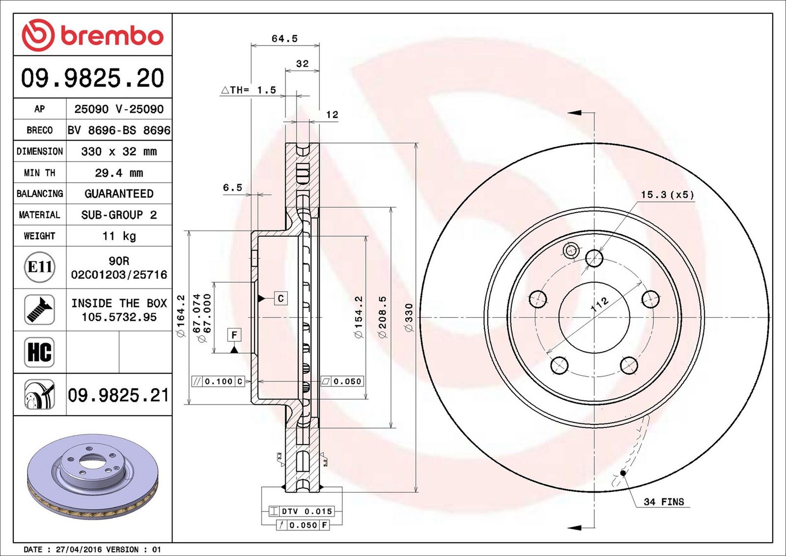 BREMBO 09.9825.21 - Bremsscheibe