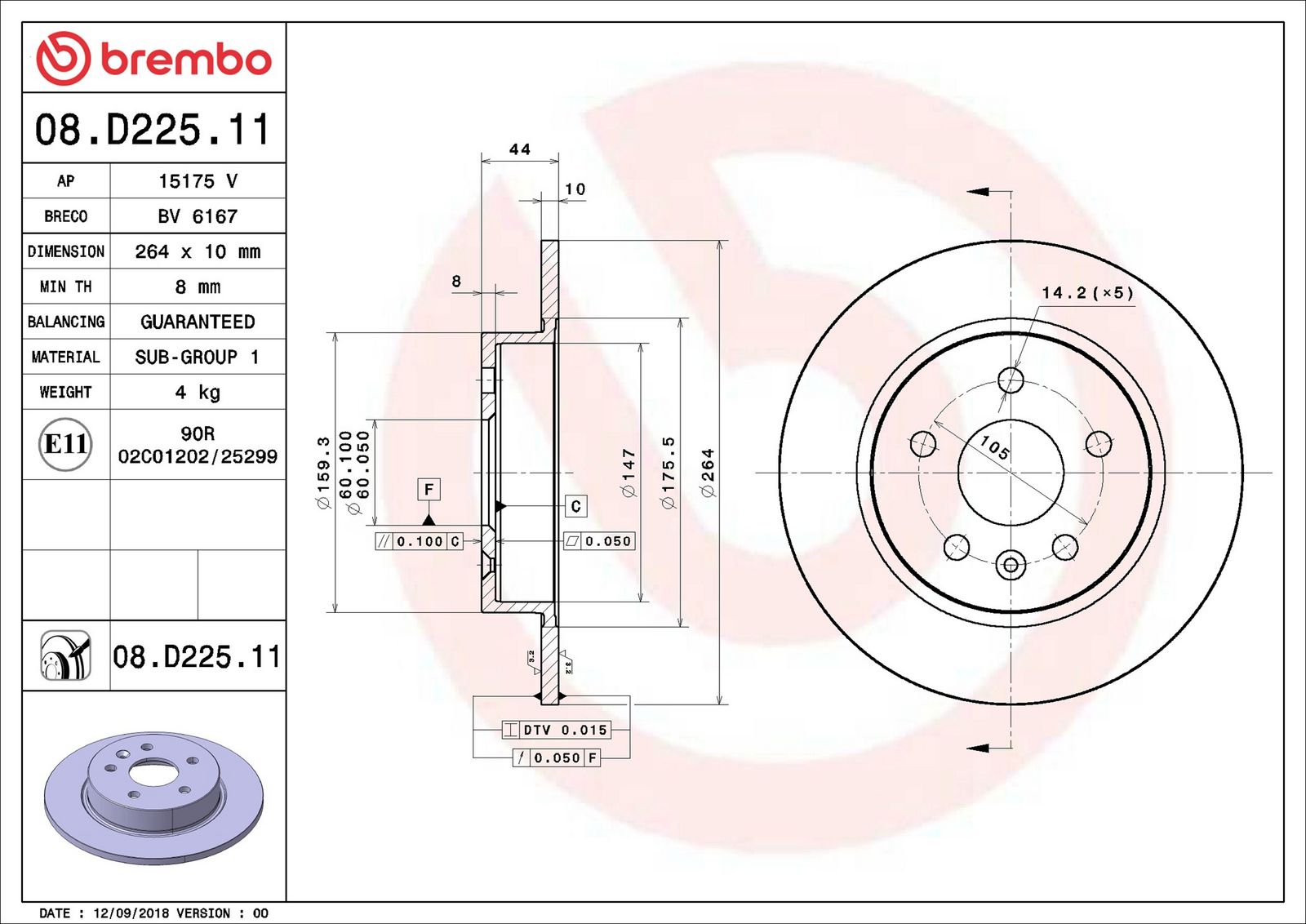 BREMBO 08.D225.11 - Bremsscheibe