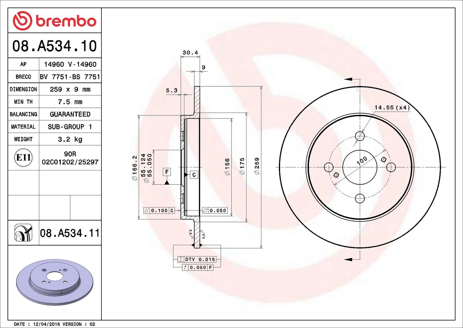BREMBO 08.A534.11 - Bremsscheibe