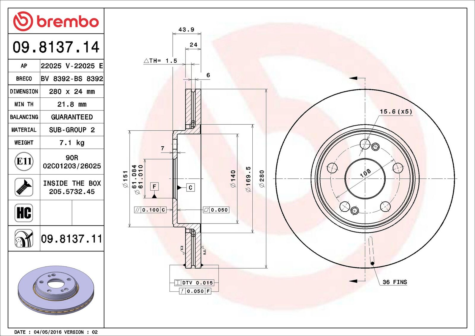 BREMBO 09.8137.11 - Bremsscheibe