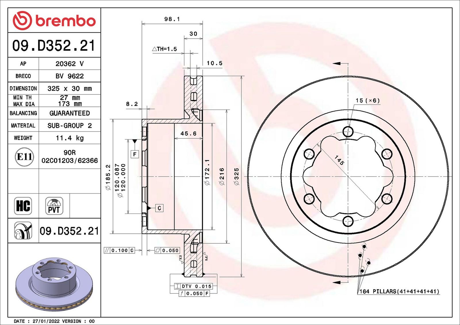 BREMBO 09.D352.21 - Bremsscheibe