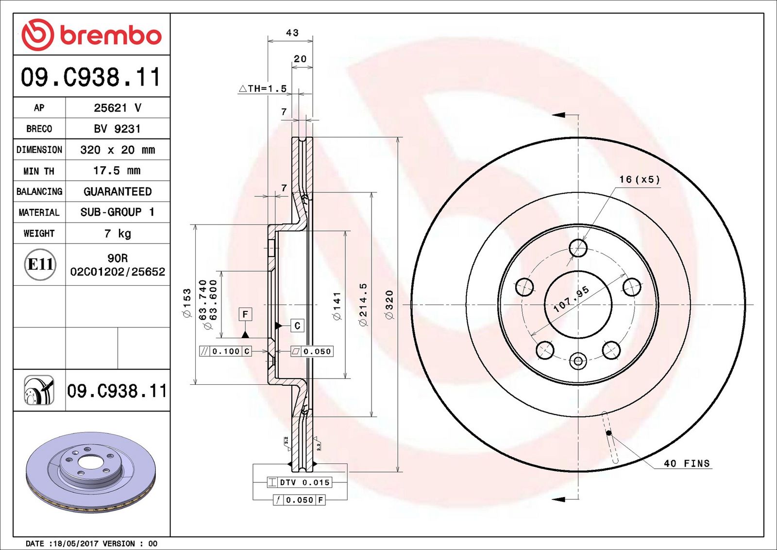 BREMBO 09.C938.11 - Bremsscheibe