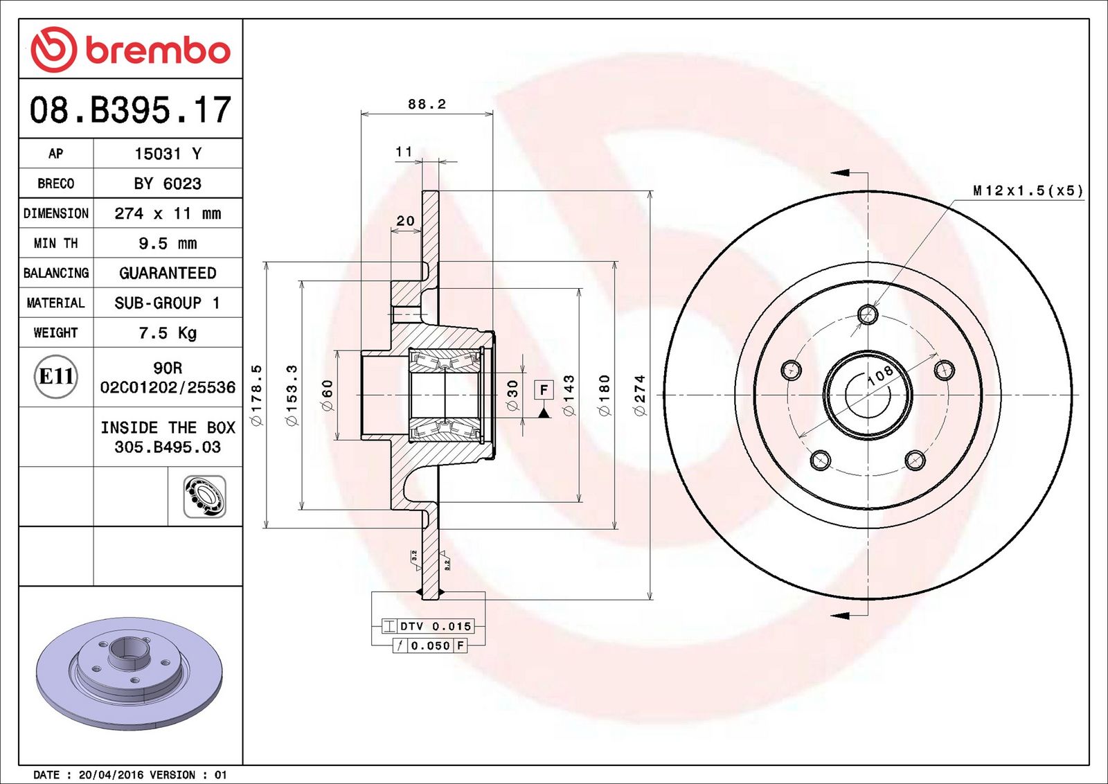 BREMBO 08.B395.17 - Bremsscheibe
