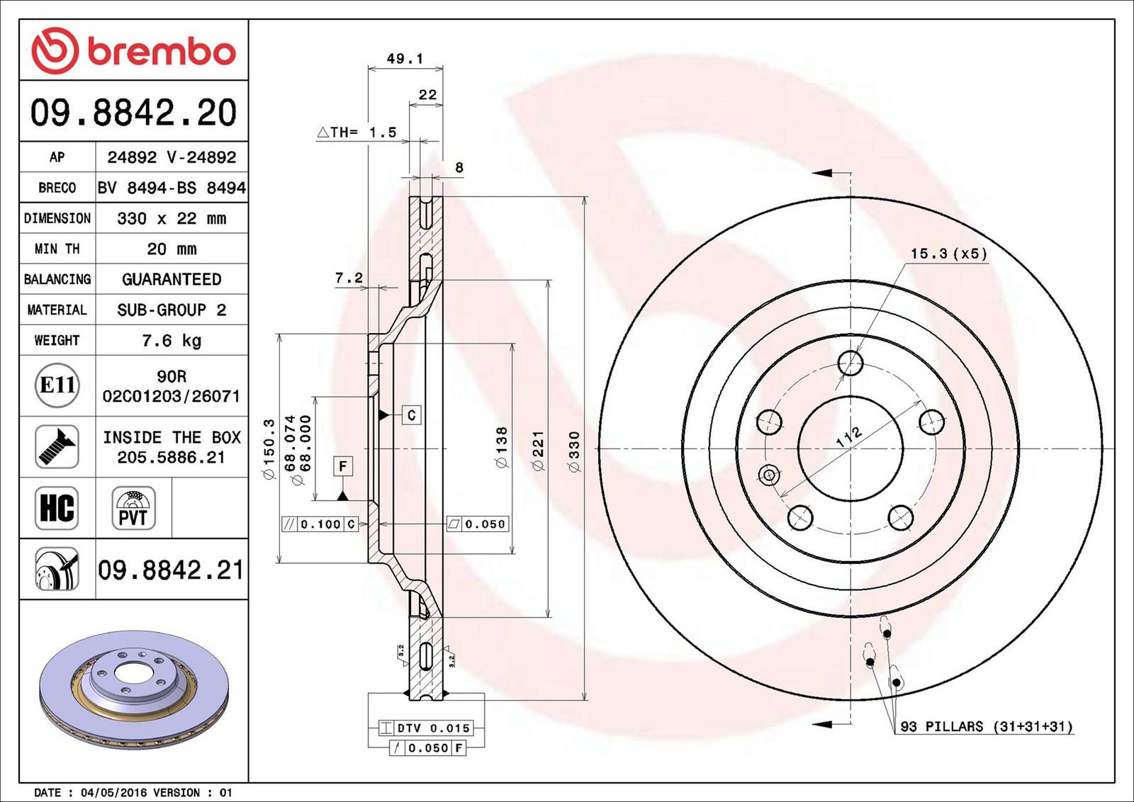 BREMBO 09.8842.21 - Bremsscheibe