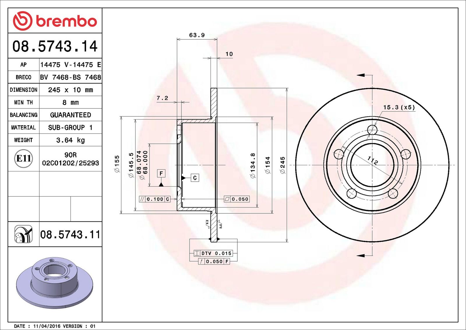 BREMBO 08.5743.11 - Bremsscheibe
