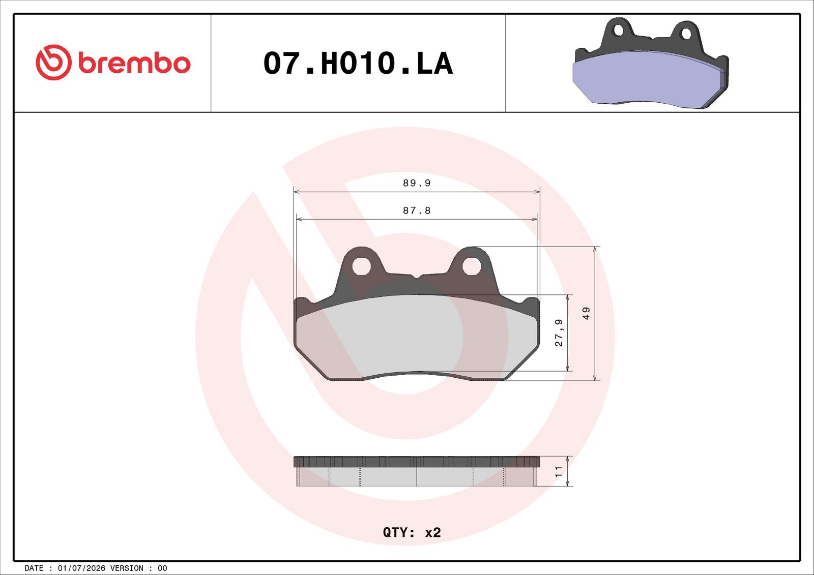 BREMBO 07HO10LA - Bremsbelagsatz, Scheibenbremse