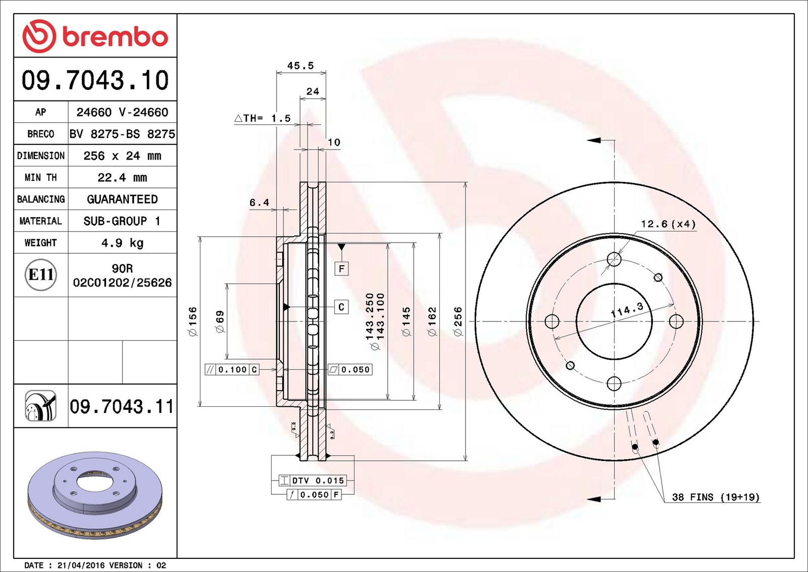 BREMBO 09.7043.11 - Bremsscheibe