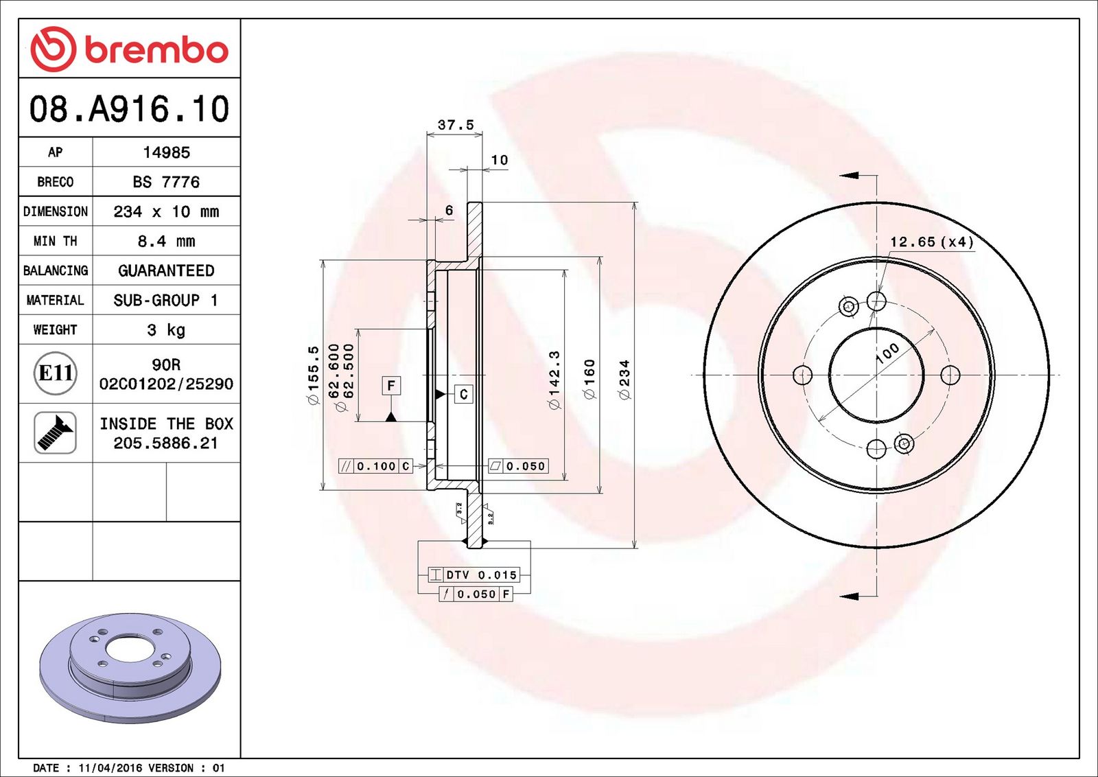 BREMBO 08.A916.10 - Bremsscheibe