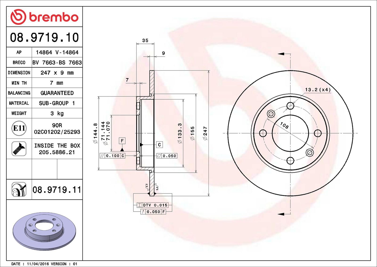 BREMBO 08.9719.11 - Bremsscheibe