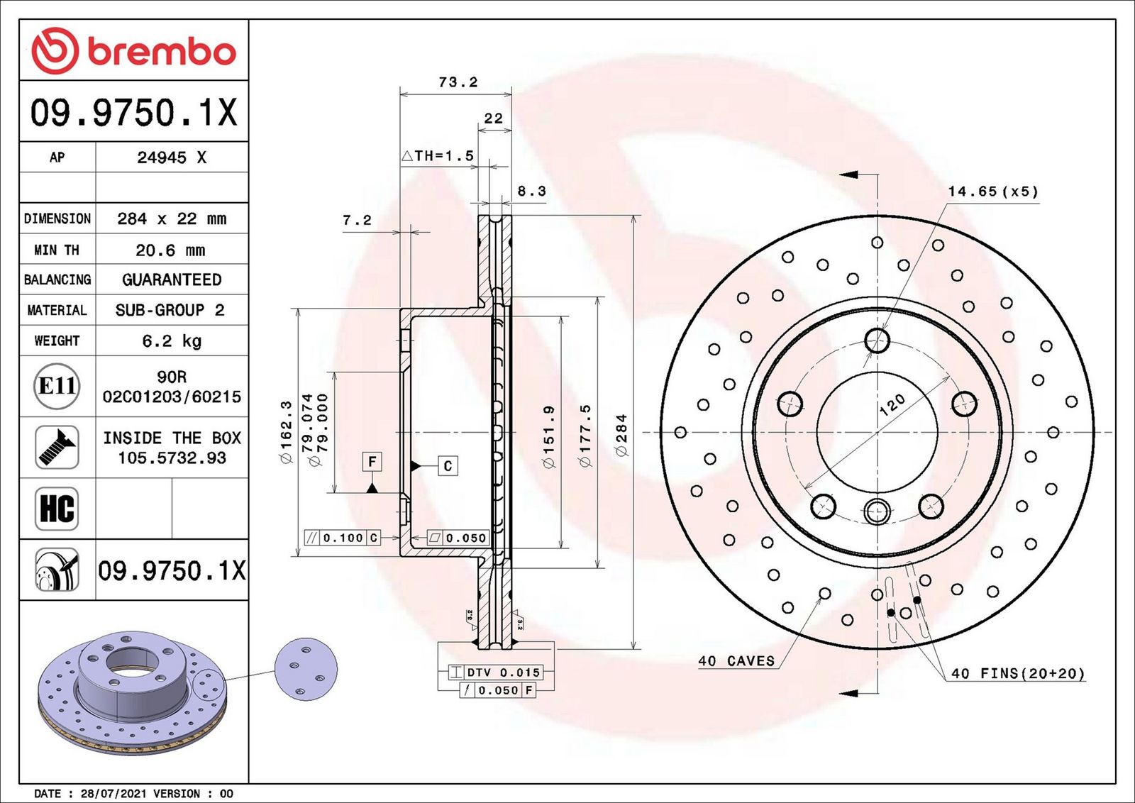 BREMBO 09.9750.1X - Bremsscheibe