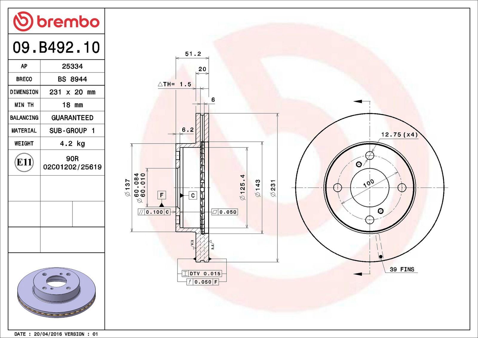 BREMBO 09.B492.10 - Bremsscheibe